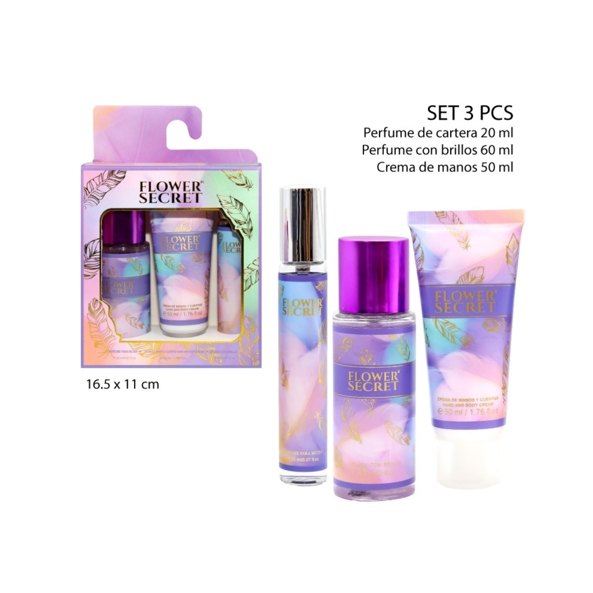 SET X3PZS PERFUME 20ML+SPLASH CON BRILLO 60ML+CREMA DE MANOS Y CUERPO FLOWER SEC