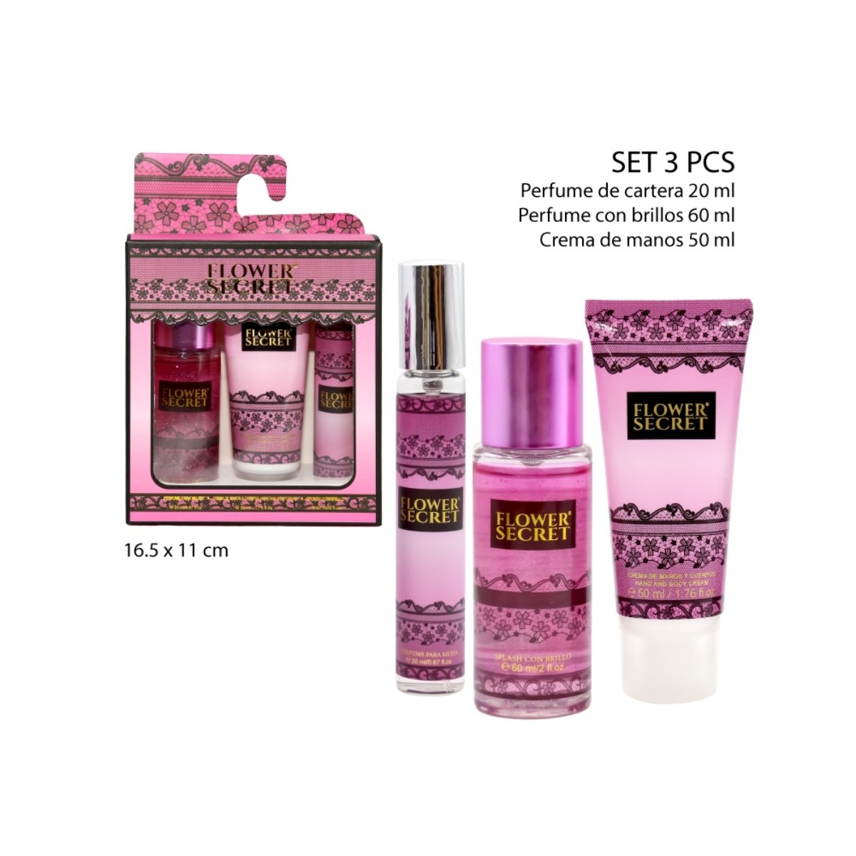 SET X3PZS PERFUME 20ML+SPLASH CON BRILLO 60ML+CREMA DE MANOS Y CUERPO FLOWER SEC