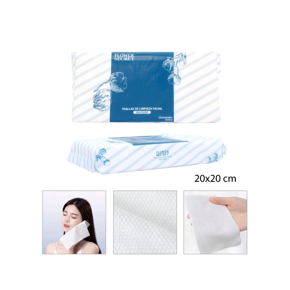 TOALLAS DE LIMPIEZA FACIAL X25 UNI 20X20CM FLOWER SECRET