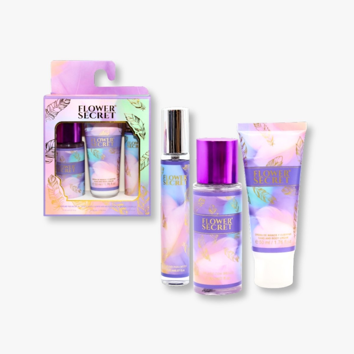 SET X3PZS PERFUME 20ML+SPLASH CON BRILLO 60ML+CREMA DE MANOS Y CUERPO FLOWER SEC